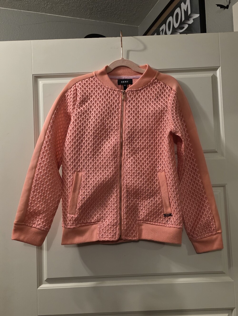 Girls DKNY Coral Pink Quilted Zip-Up Bomber Hoodie Size Big Kid Medium